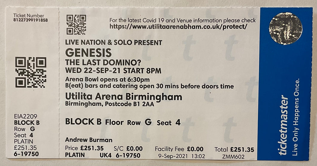 Genesis Original Unused Concert Ticket Utilita Arena Birmingham 22nd Sep 2021