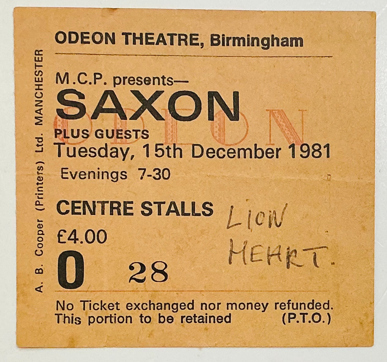 Saxon Original Used Concert Ticket Odeon Theatre Birmingham 15th Dec 1981