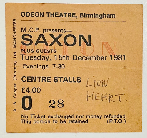 Saxon Original Used Concert Ticket Odeon Theatre Birmingham 15th Dec 1981