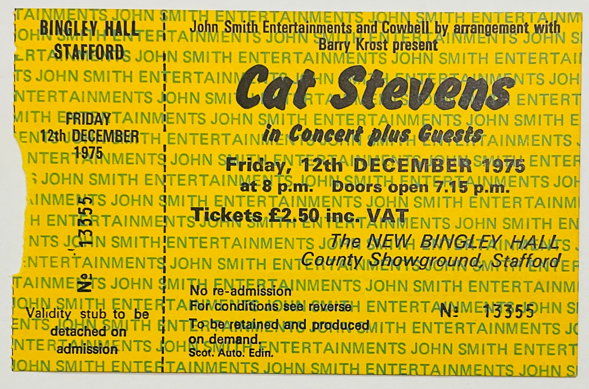 Cat Stevens Original Unused Concert Ticket Bingley Hall Stafford 12th Sep 1975
