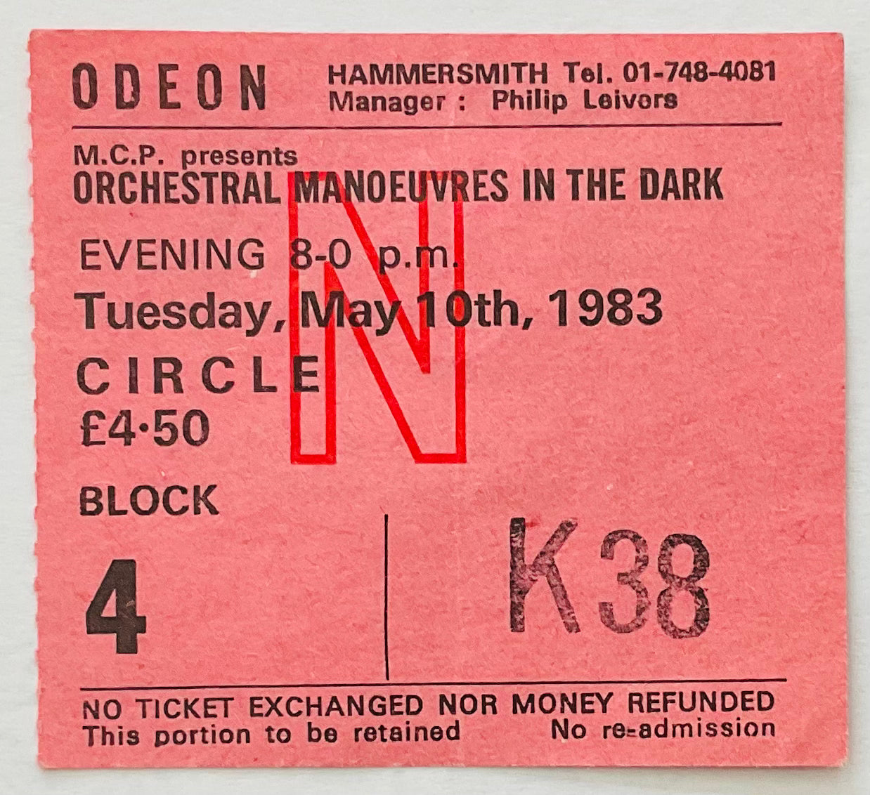Orchestral Manoeuvres in the Dark OMD Original Used Concert Ticket Hammersmith Odeon London 10th May 1983
