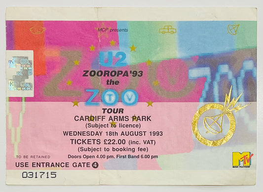 U2 Original Used Concert Ticket Cardiff Arms Park 18th Aug 1993