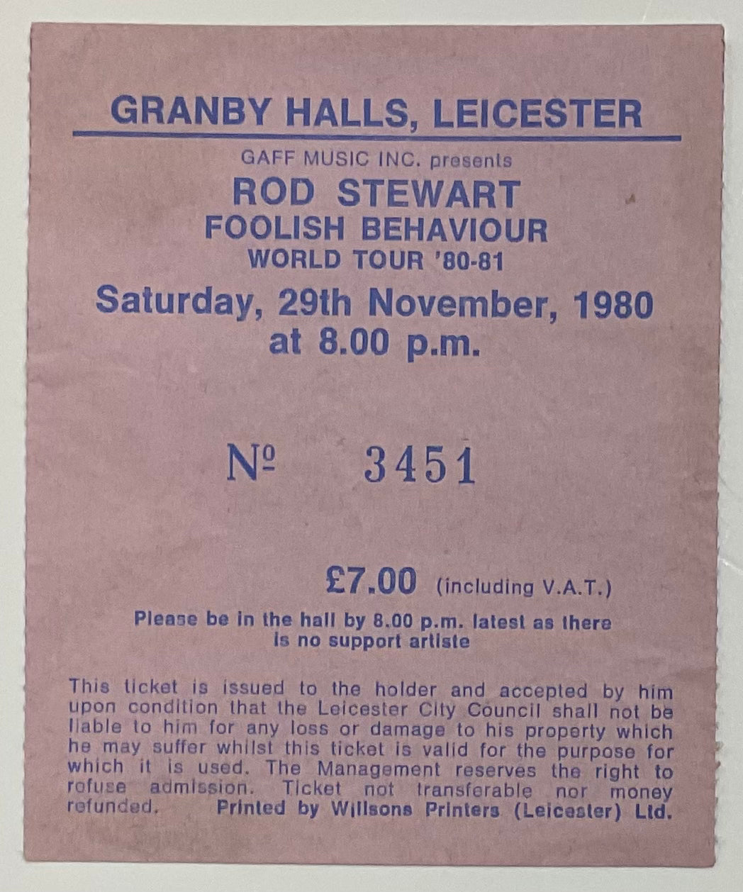 Rod Stewart Original Used Concert Ticket Granby Halls Leicedter 29th Nov 1980