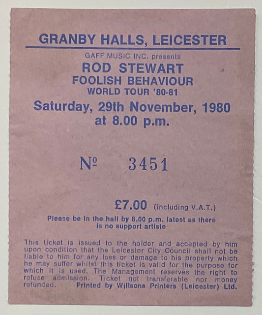 Rod Stewart Original Used Concert Ticket Granby Halls Leicedter 29th Nov 1980