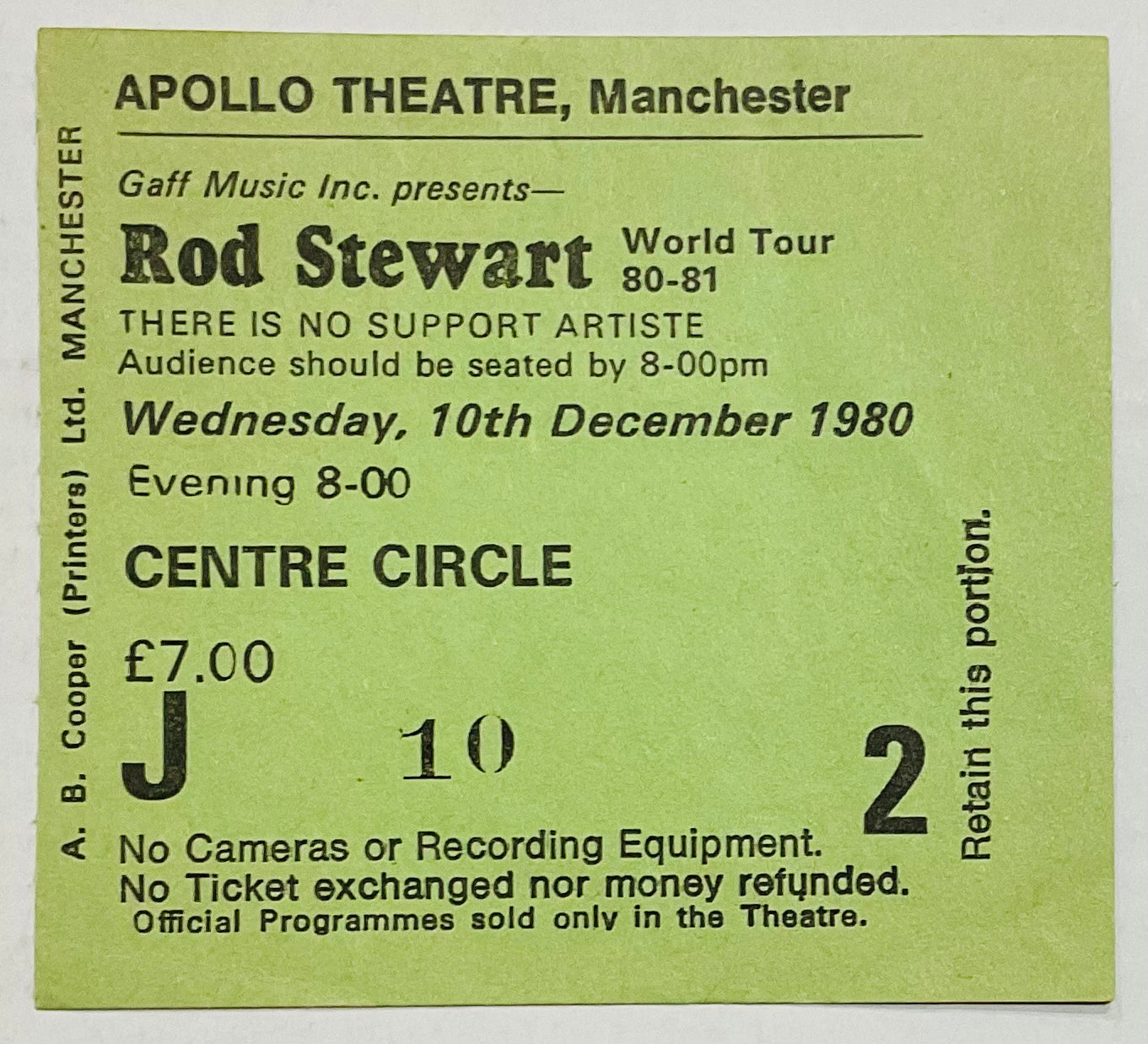 Rod Stewart Original Used Concert Ticket Apollo Theatre Manchester 10th Dec 1980
