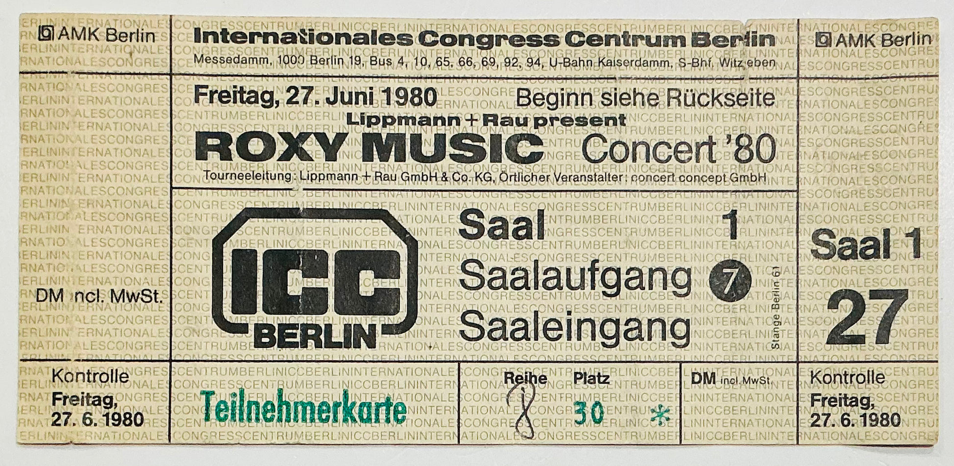 Roxy Music Original Used Concert Ticket Internationales Congress Centrum Berlin 27th Jun 1980