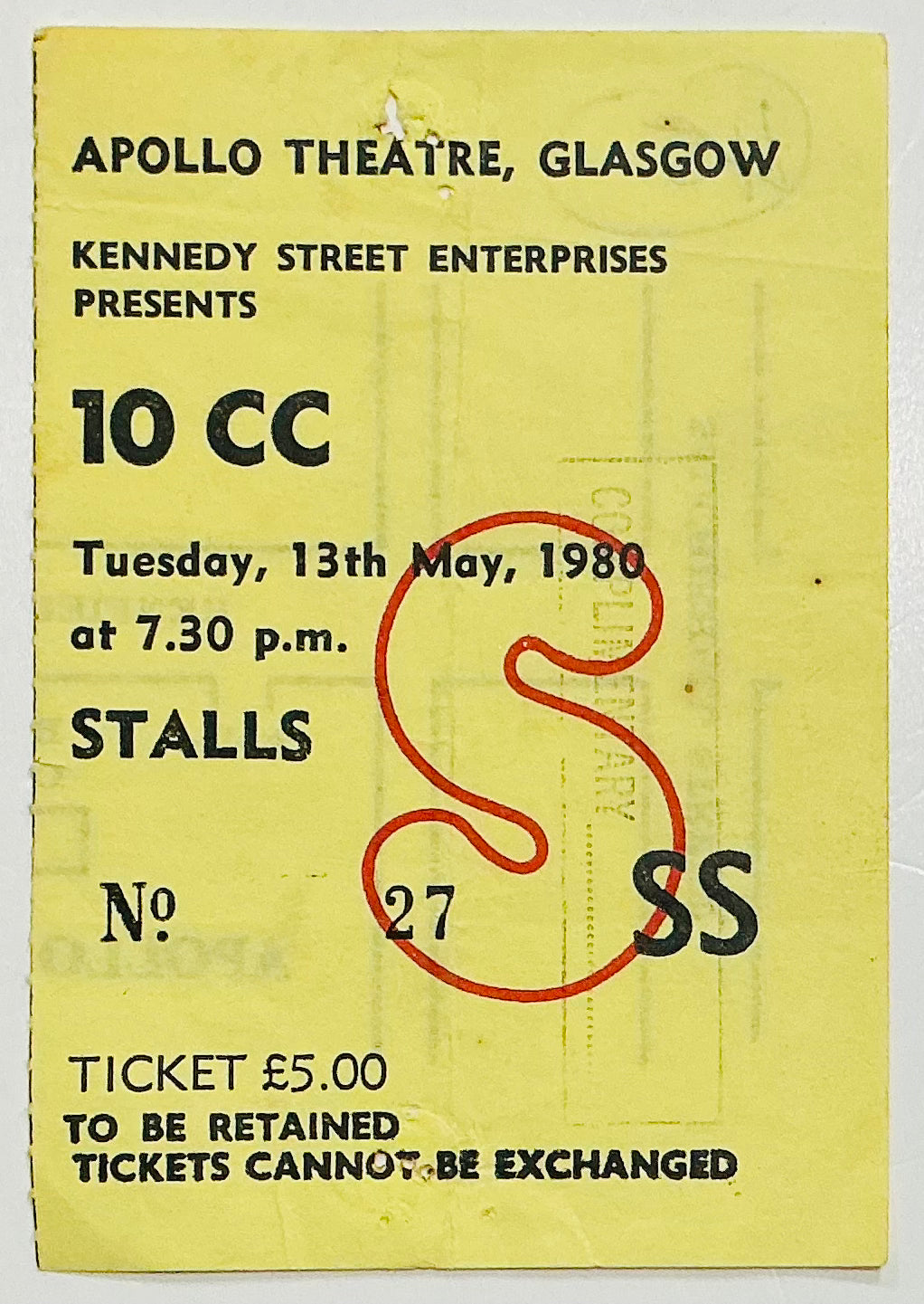 10cc Original Used Concert Ticket Apollo Theatre Glasgow 13th May 1980