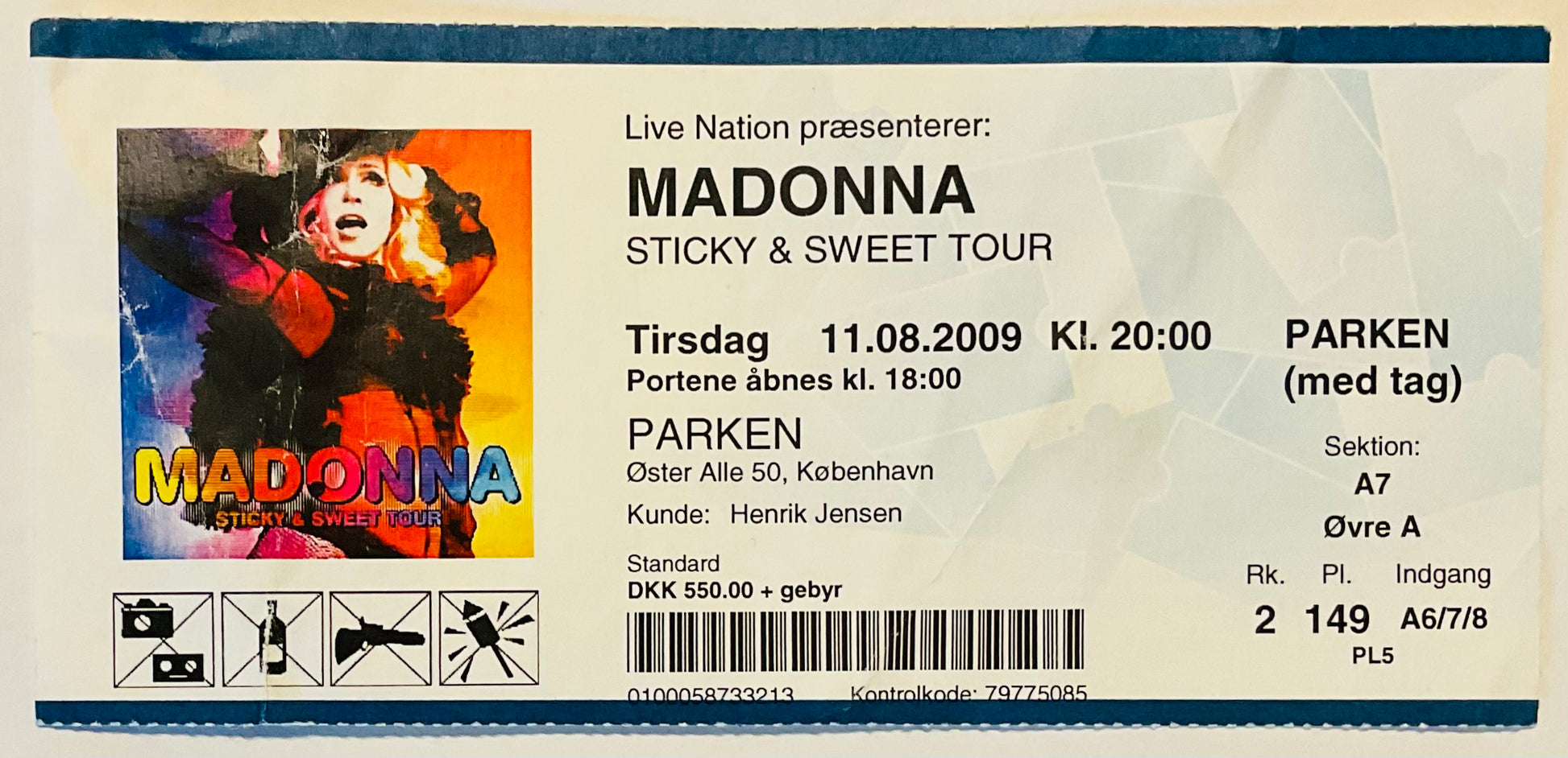 Madonna Original Used Concert Ticket Parken Stadium Copenhagen 11th Aug 2009