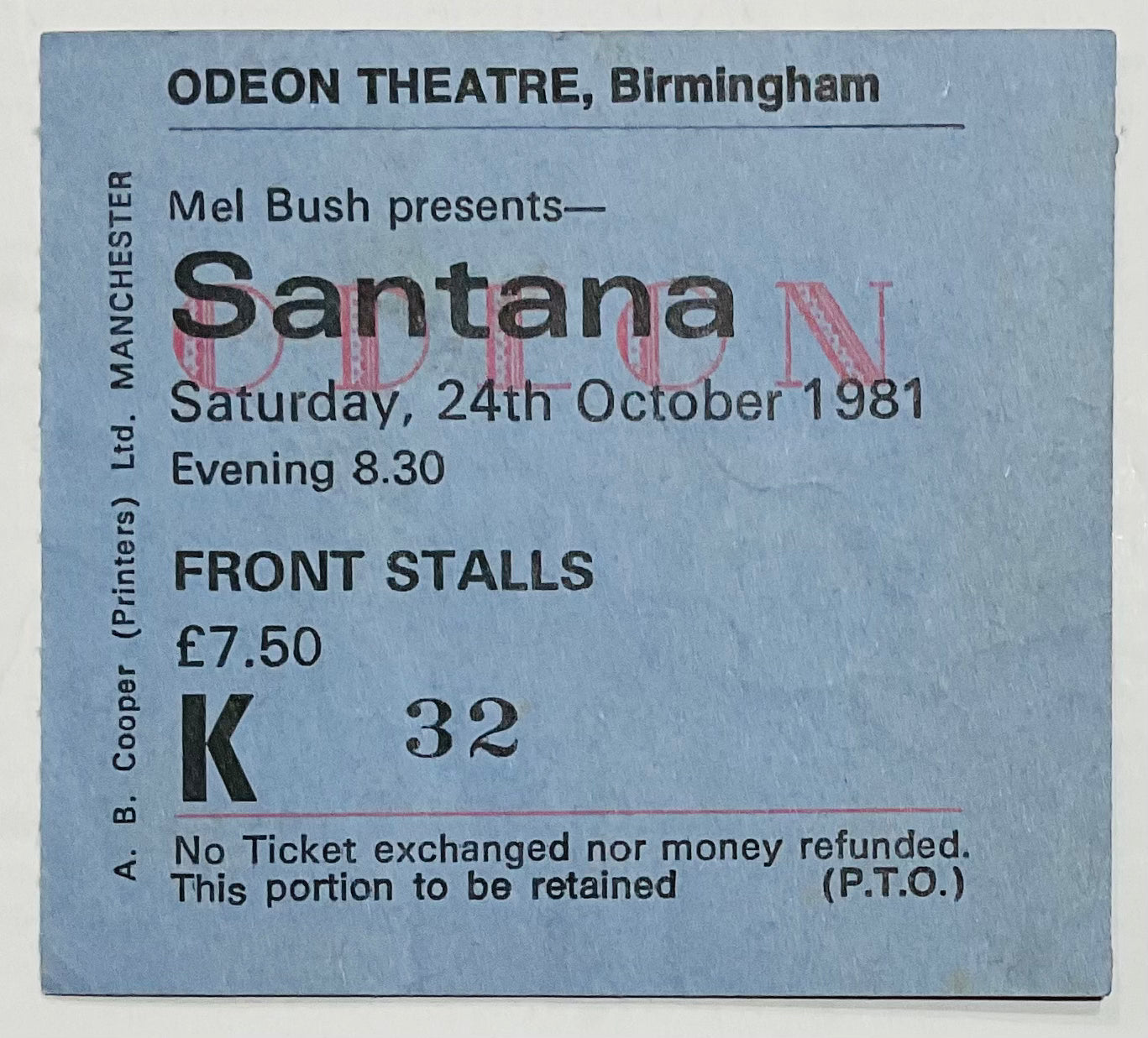 Santana Original Used Concert Ticket Odeon Theatre Birmingham 24th Oct 1981