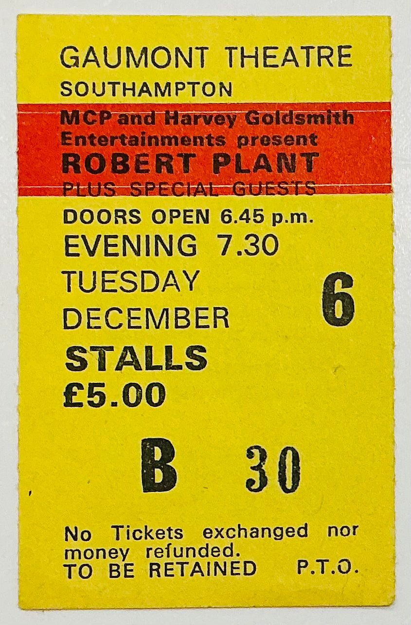 Led Zeppelin Robert Plant Original Used Concert Ticket Gaumont Theatre Ipswich 6th Dec 1983