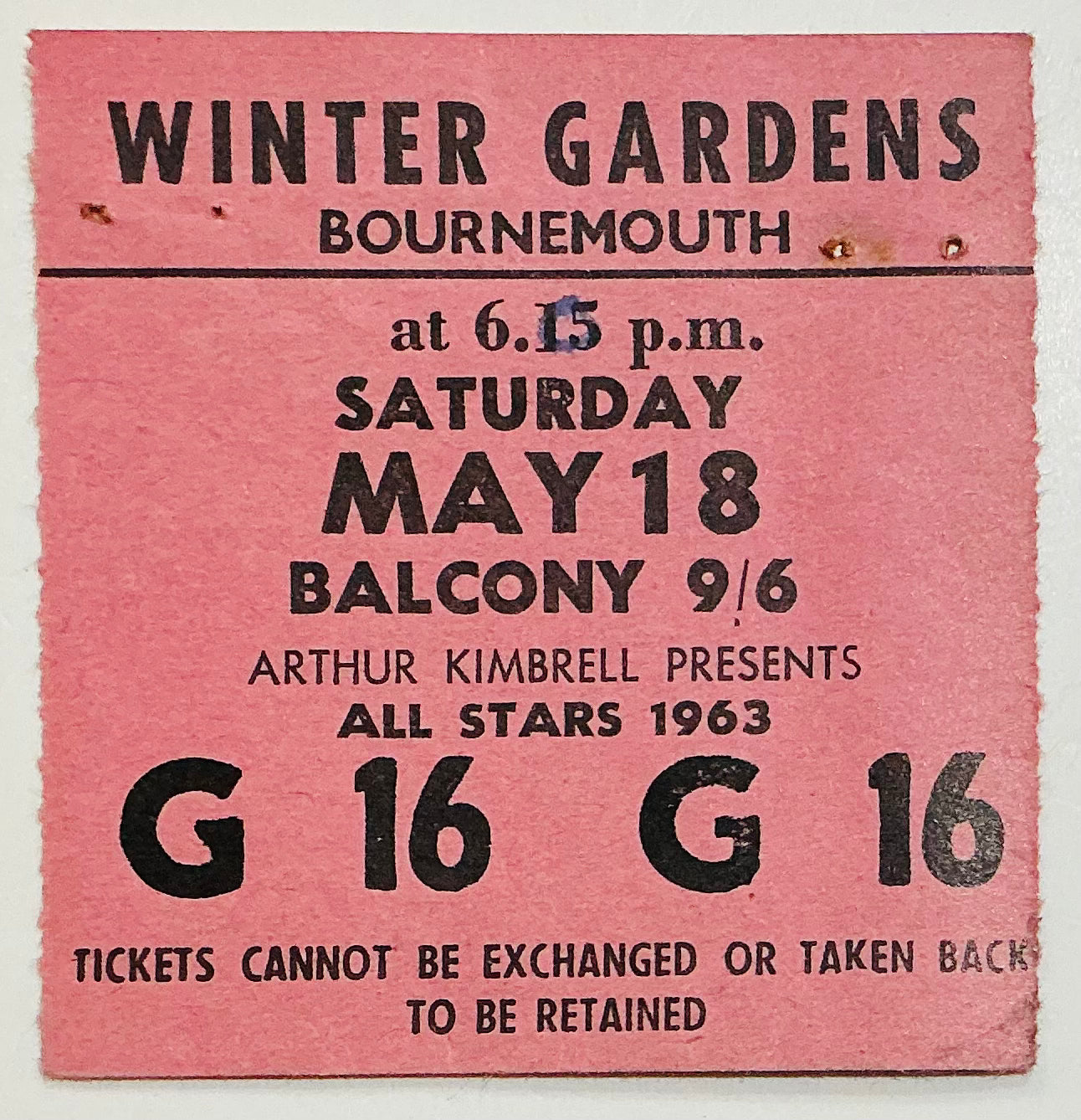 John Leyton Jet Harris Tony Meehan Original Used Concert Ticket Winter Gardens Bournemouth 18th May 1963