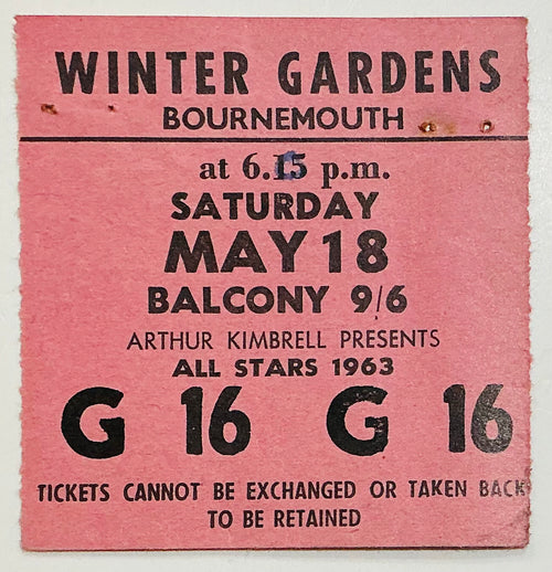 John Leyton Jet Harris Tony Meehan Original Used Concert Ticket Winter Gardens Bournemouth 18th May 1963