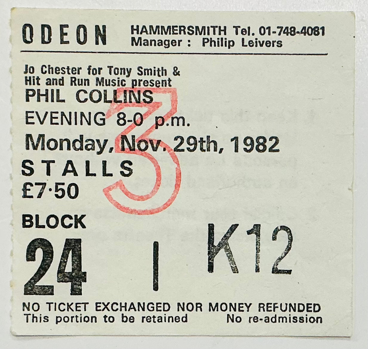 Phil Collins Original Used Concert Ticket Hammersmith Odeon London 29th Nov 1982
