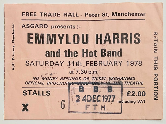 Emmylou Harris Original Used Concert Ticket Free Trade Hall Manchester 11th Feb 1978