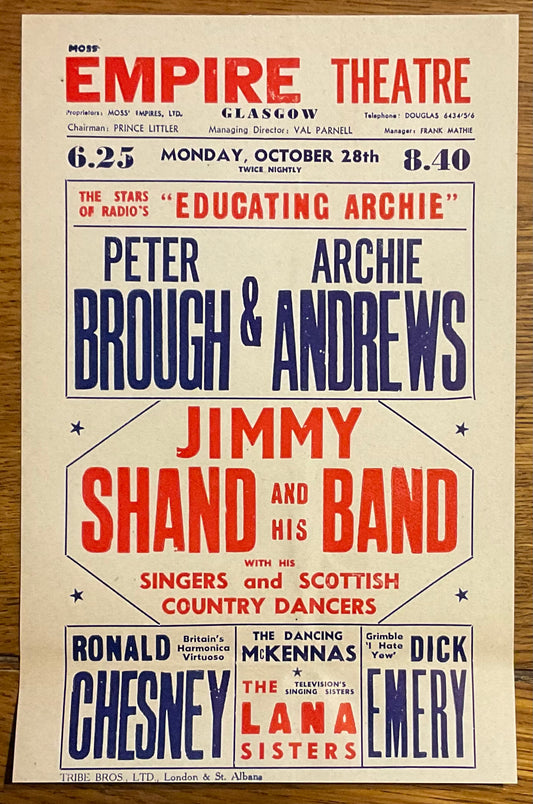 Archie Andrews Peter Brough Dick Emery Original Concert Handbill Flyer Glasgow 1957