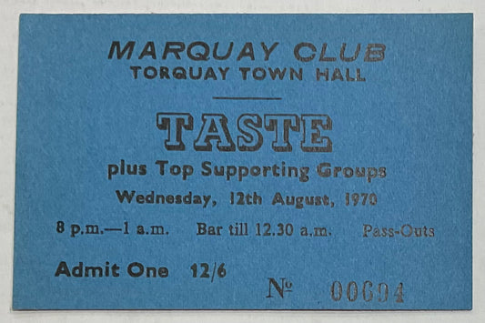 Taste Rory Gallagher Original Concert Ticket Marquay Club Town Hall Torquay 12th Aug 1970