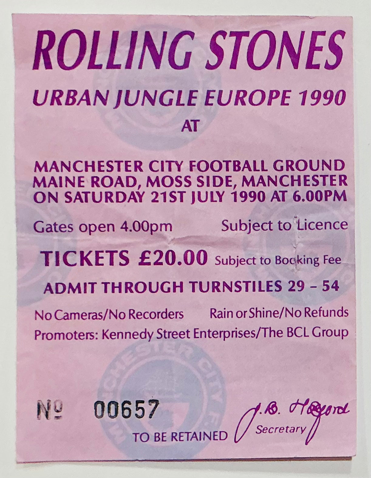Rolling Stones Original Used Purple Concert Ticket Manchester City Football Ground 21st Jul 1990