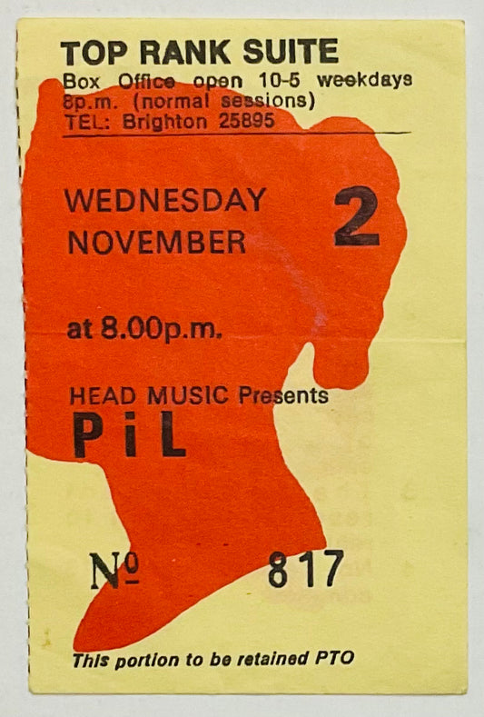 Public Image Limited PiL Original Used Concert Ticket Tip Rank Suite Brighton 2nd Nov 1983