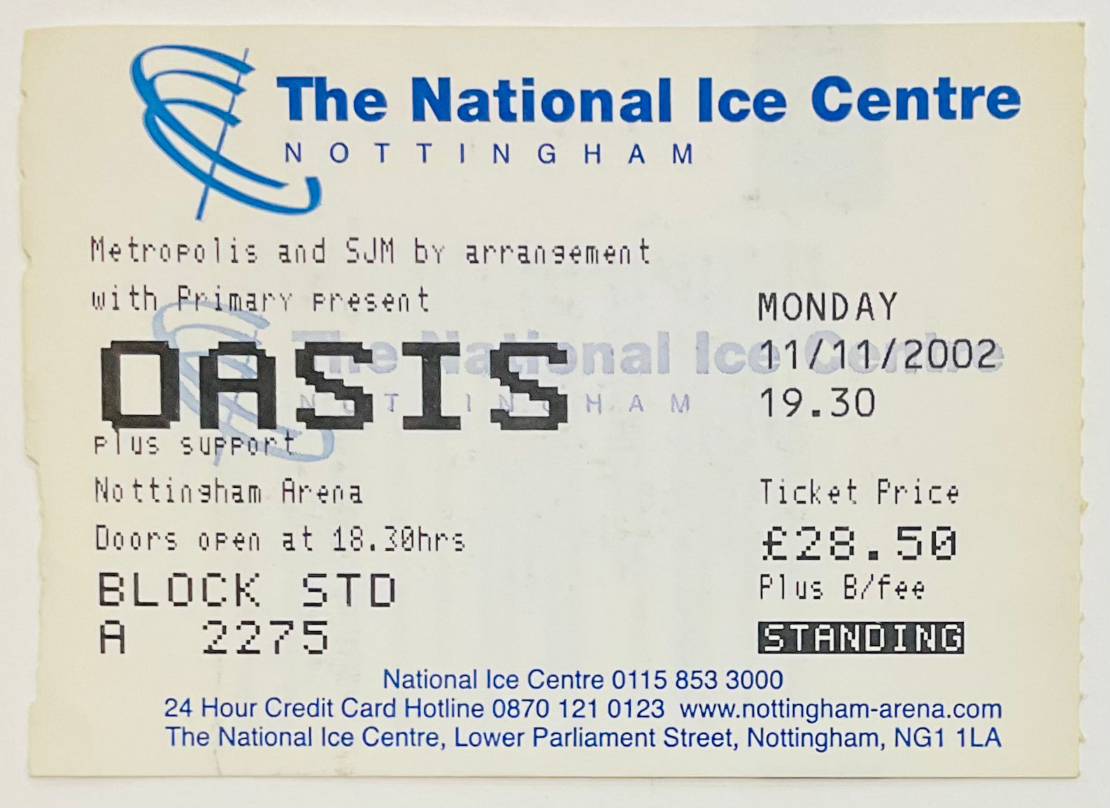 Oasis Original Used Concert Ticket National Ice Centre Nottingham 11th Nov 2002