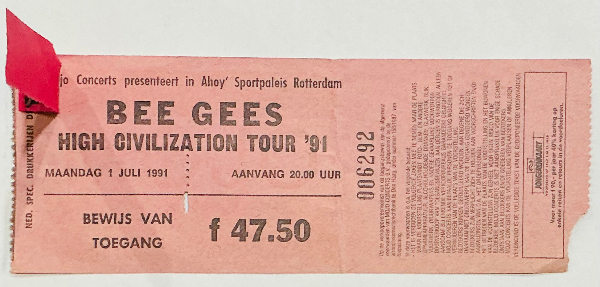 Bee Gees Original Unused Concert Ticket Ahoy Sportpaleis Rotterdam 1st Jul 1991