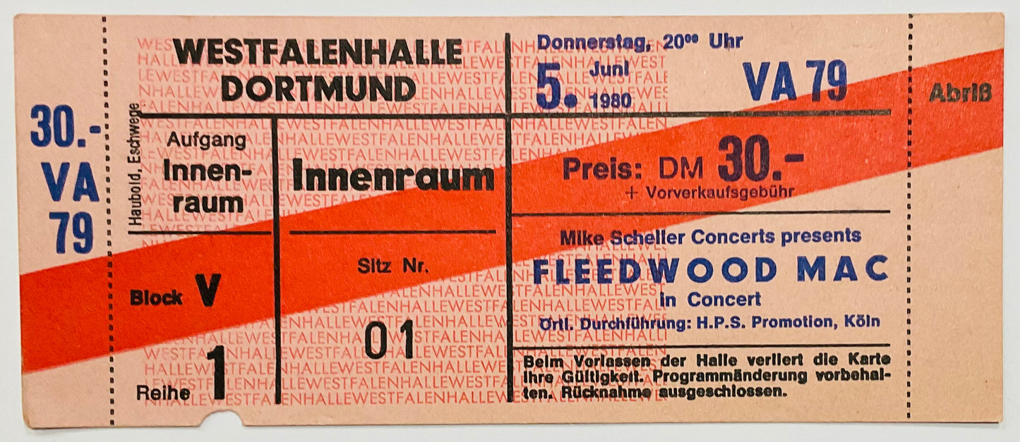 Fleetwood MAC Original Unused Concert Ticket Westfalenhalle Dortmund 5th Jun 1980