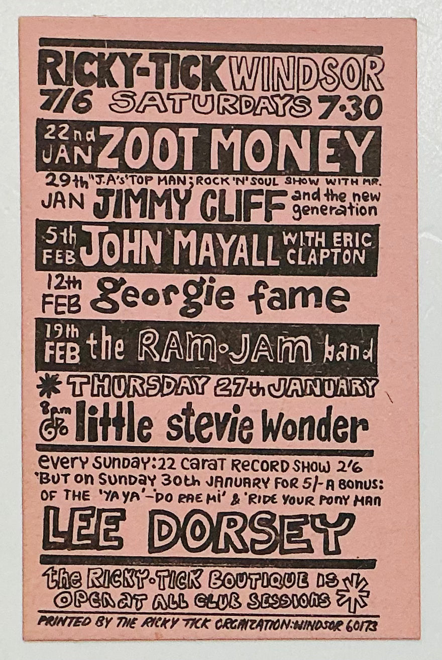 John Mayall Eric Clapton Stevie Wonder Original Handbill Flyer Ricky Tick Club Windsor 5th Feb 1966