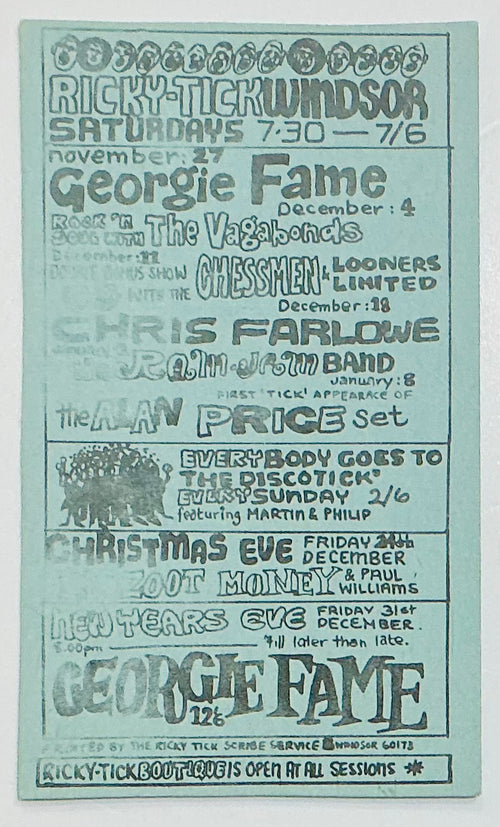Georgie Fame Zoot Money Original Concert Handbill Flyer Ricky Tick Club Windsor 1965