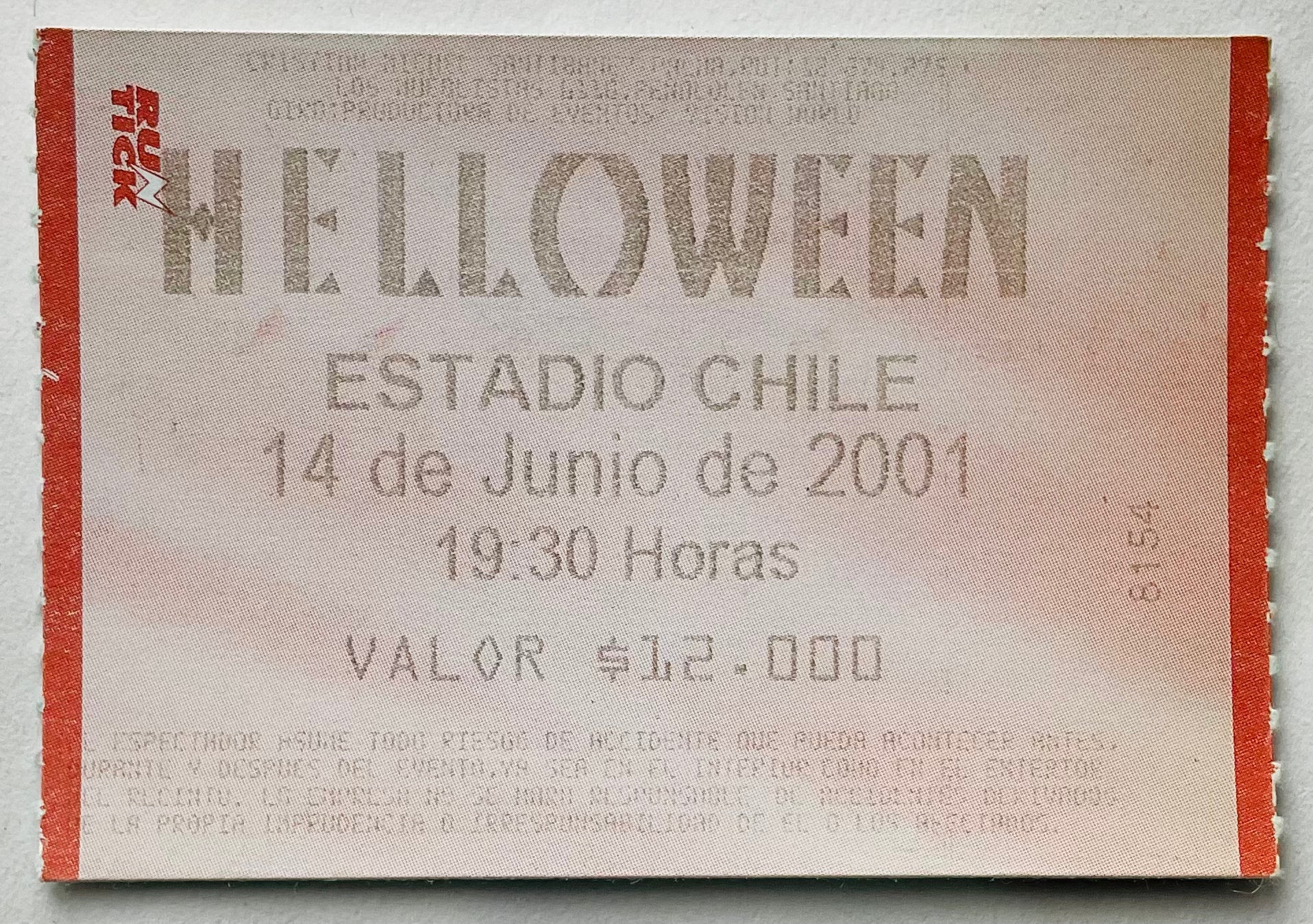 Helloween Original Used Concert Ticket Estadio Chile Santiago 14th Jun 2001