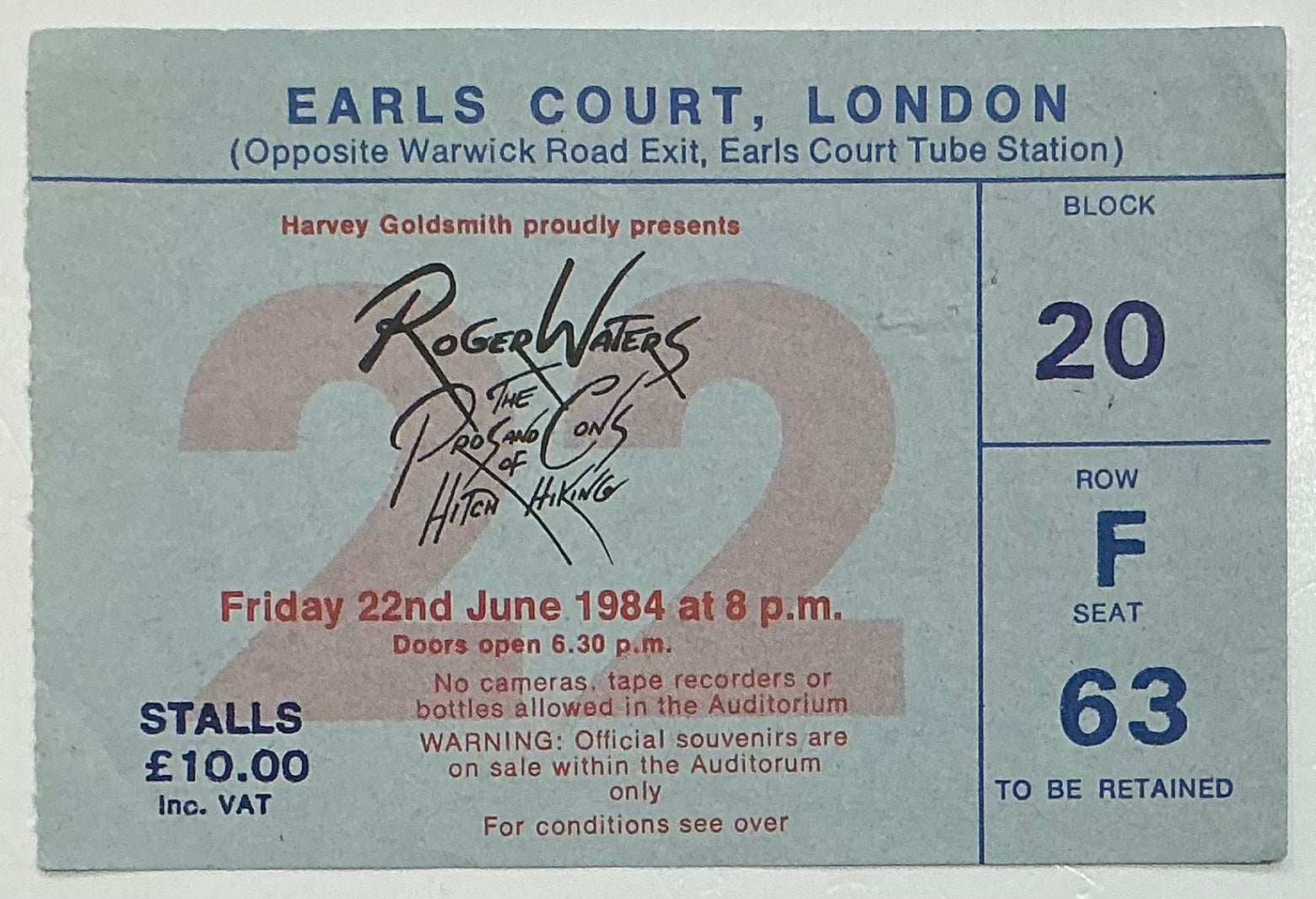 Roger Waters Eric Clapton Original Used Concert Ticket Earls Court London 22nd June 1984