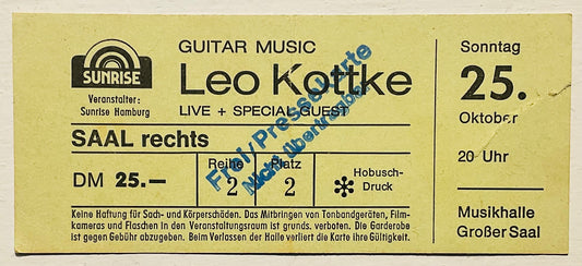 Leo Kottke Original Used Concert Ticket Musikhalle Hamburg 25th Oct 1977