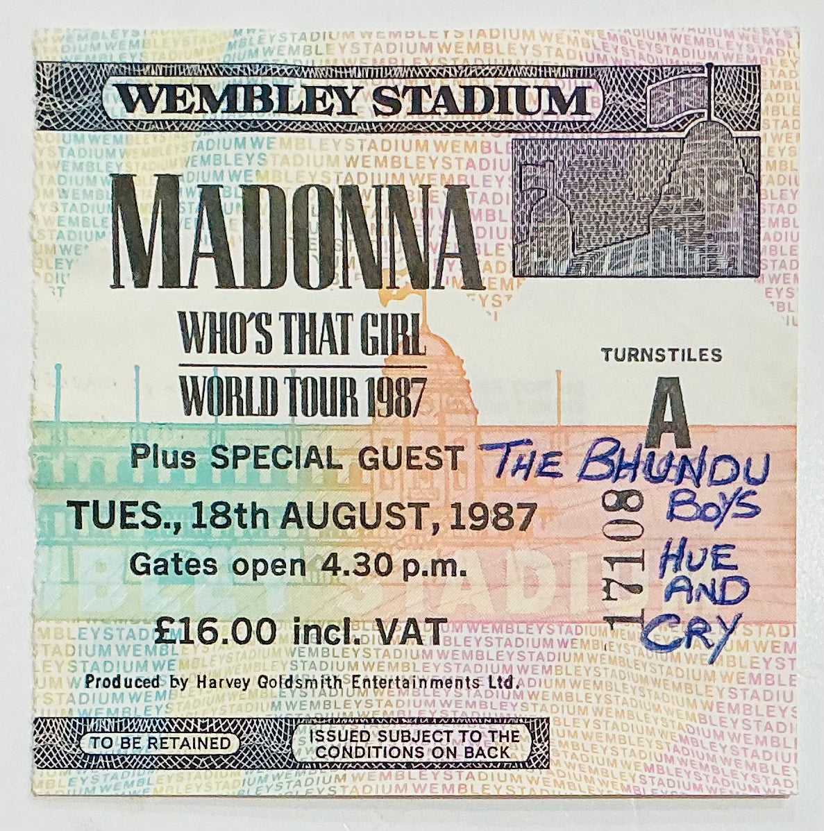 Madonna Original Used Concert Ticket Wembley Stadium London 18th Aug 1987
