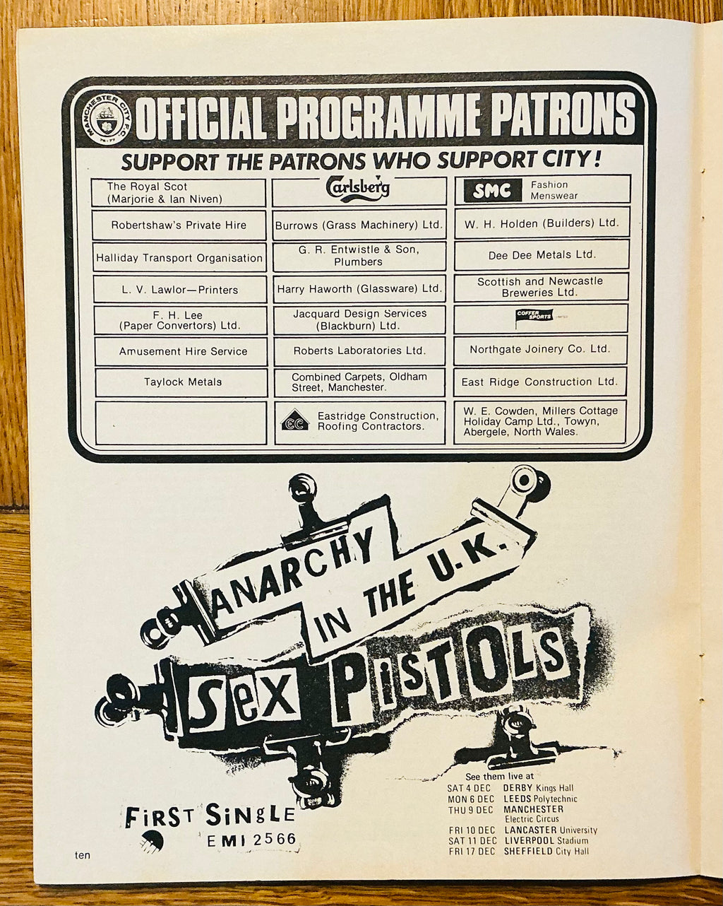 Sex Pistols Original Anarchy in the UK Tour Advert Man City v Derby County Programme 1976