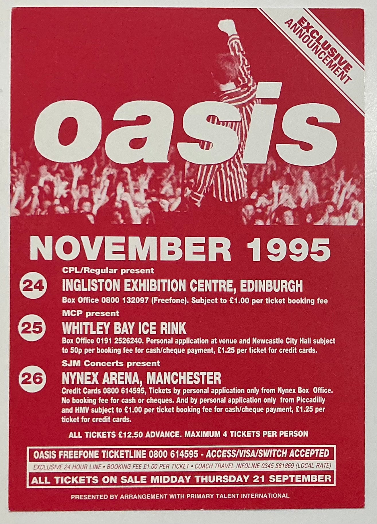 Oasis Original Concert Handbill Flyer Edinburgh Whitley Bay Manchester Tour Nov 1995