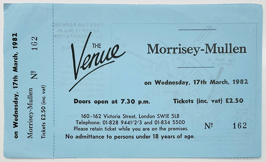 Morrissey Mullen Original Unused Concert Ticket The Venue London 17th Mar 1982