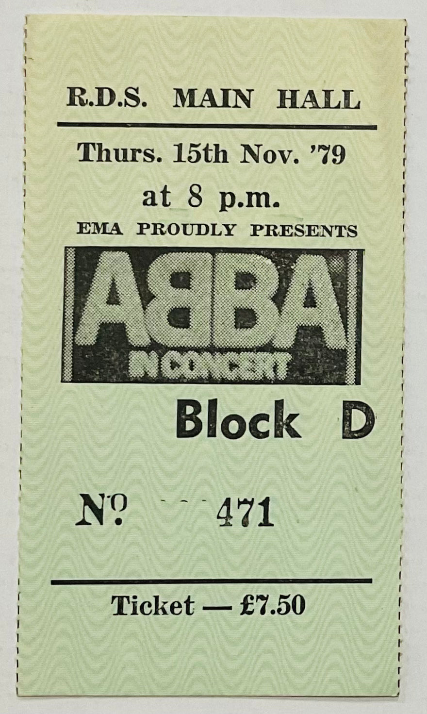 ABBA Original Used Concert Ticket RDS Hall Dublin 15th Nov 1979