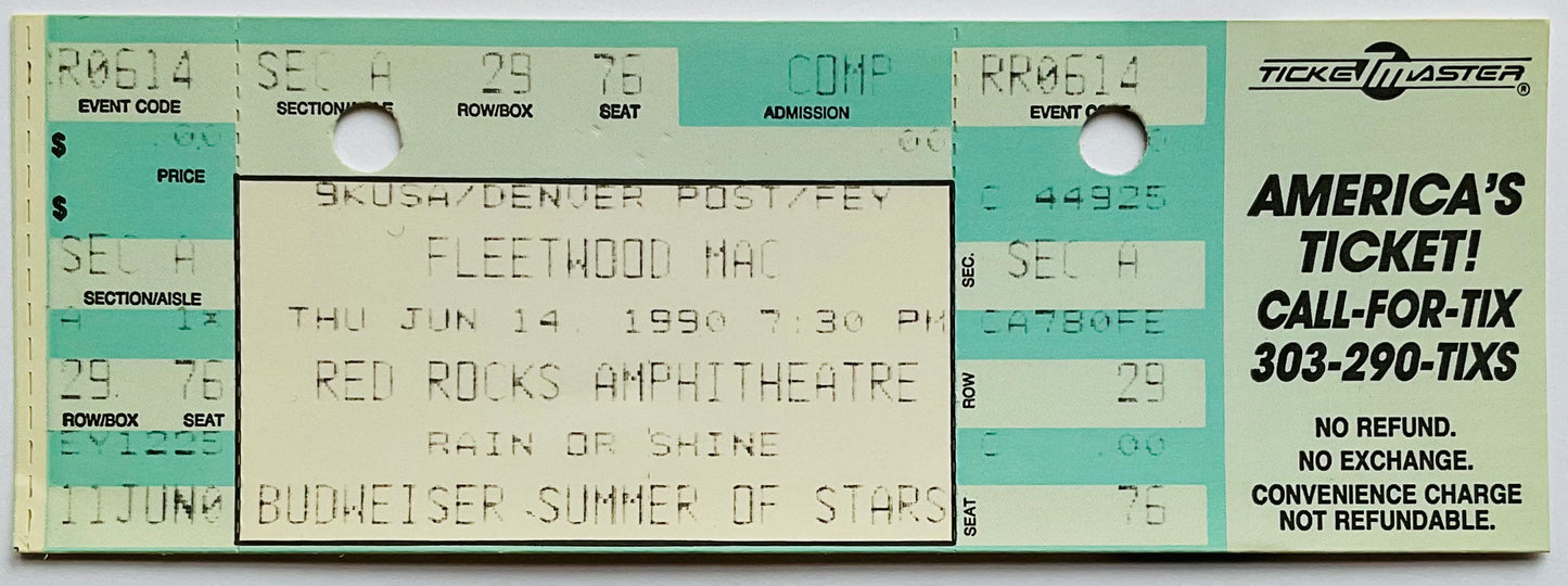 Fleetwood Mac Original Unused Concert Ticket Red Rocks Amphitheatre Morrison 14th Jun 1990