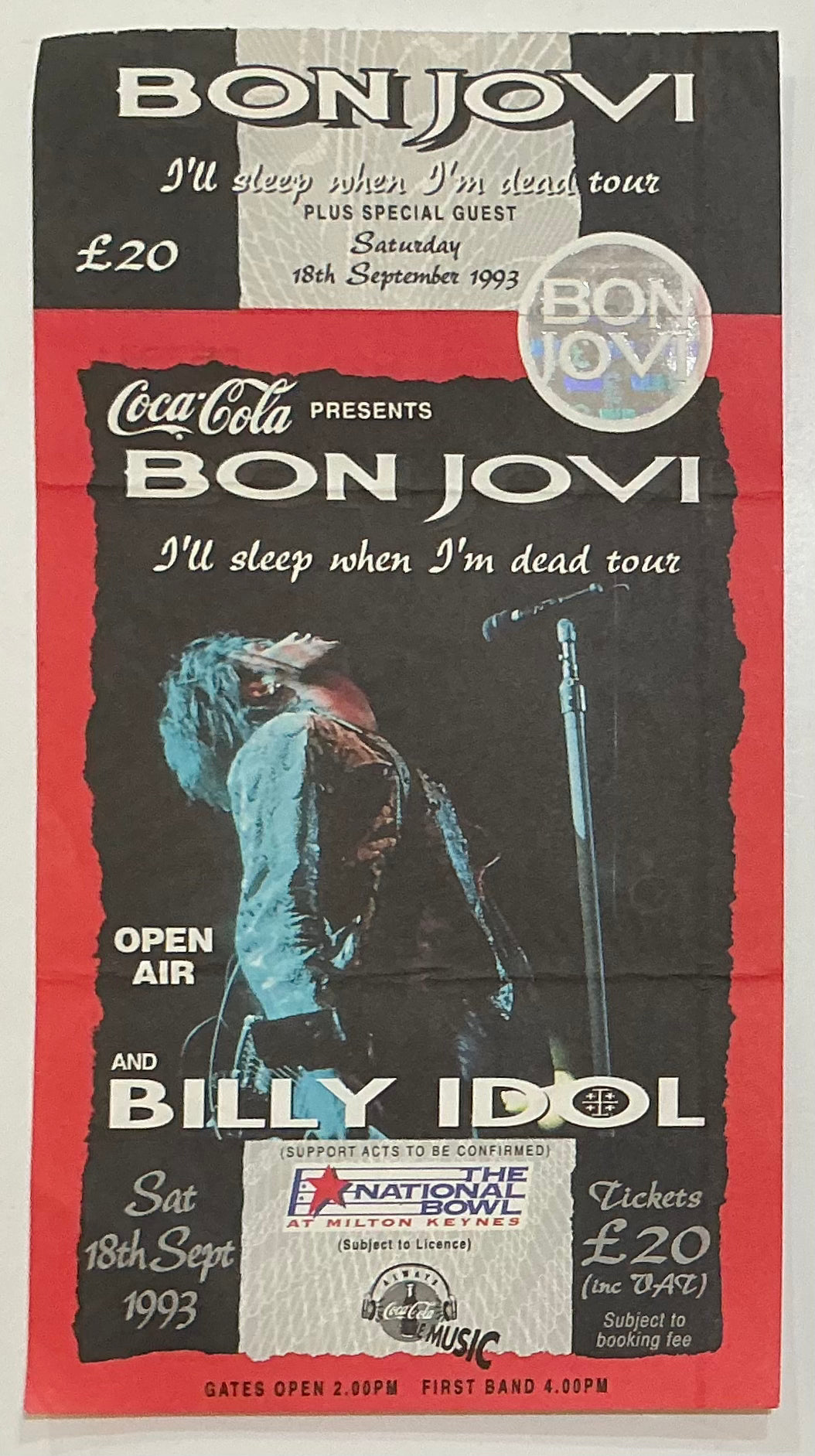 Bon Jovi Billy Idol Original Unused Concert Ticket Milton Keynes Bowl 18th Sep 1993