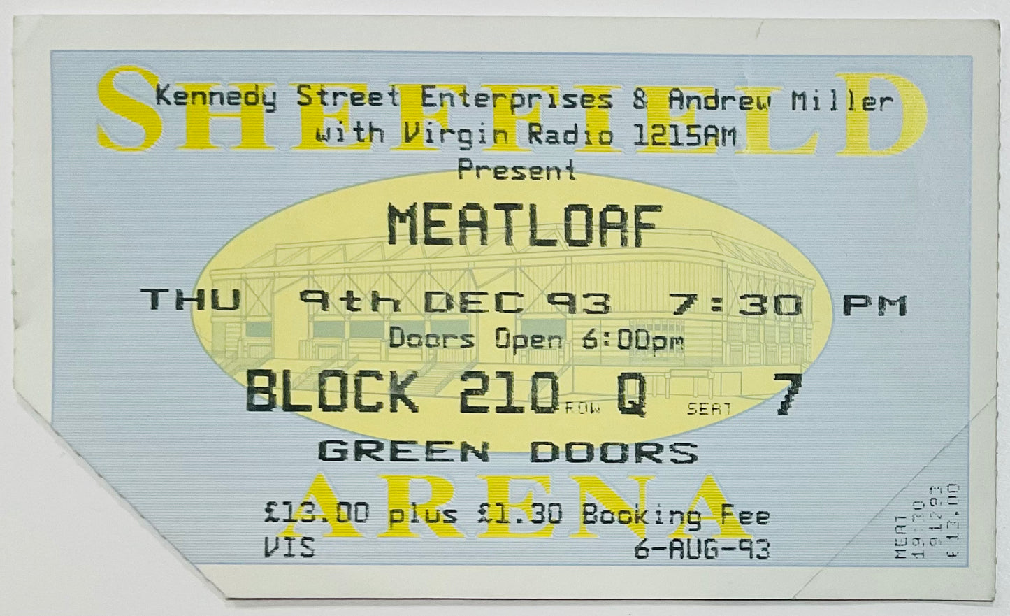 Meat Loaf Original Used Concert Ticket Sheffield Arena 9th Dec 1993