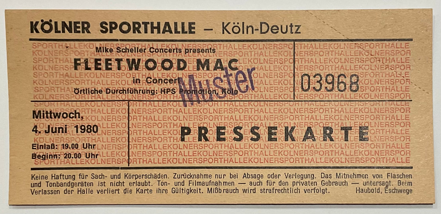 Fleetwood MAC Original Unused Concert Ticket Sporthalle Colgne 4th Jun 1980