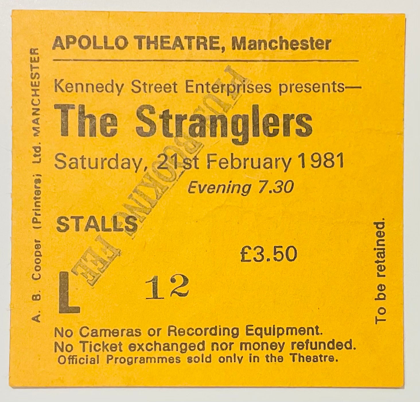 Stranglers Original Used Concert Ticket Apollo Theatre Manchester 21st Feb 1981