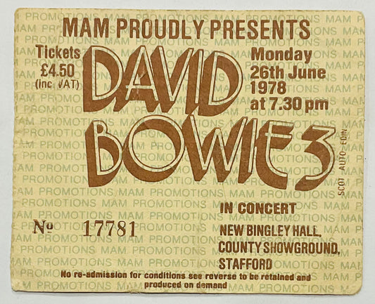 David Bowie Original Used Concert Ticket New Bingley Hall Stafford 26th Jun 1978