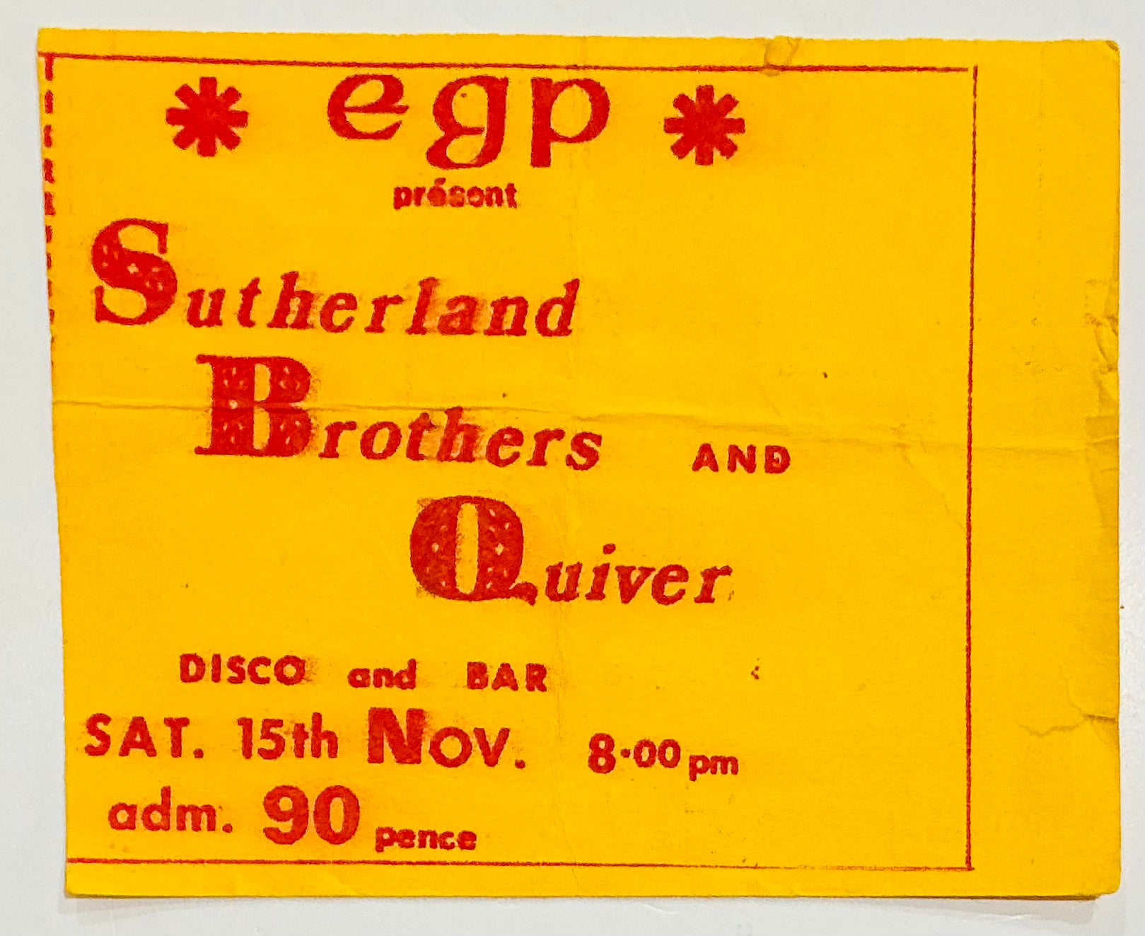 Sutherland Brothers and Quiver Original Concert Ticket West Midlands College Walsall 15th Nov 1975