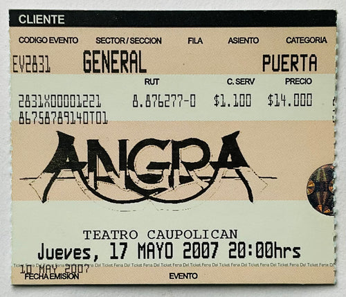 Angra Original Used Concert Ticket Teatro Caupolican Santiago 17th May 2007