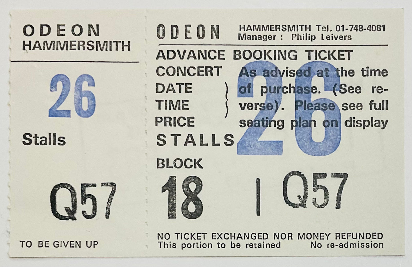 Stranglers Original Unused Concert Ticket Hammersmith Odeon London 8th Feb 1982