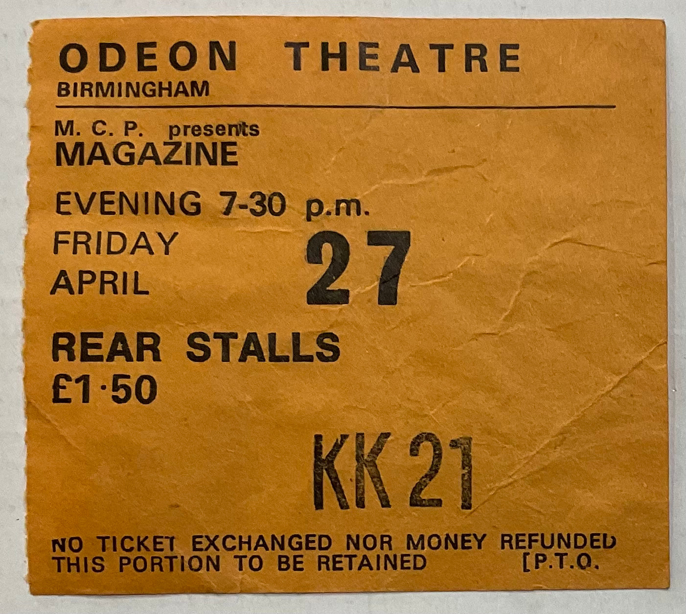 Magazine Simple Minds Original Used Concert Ticket Odeon Theatre 27th Apr 1979