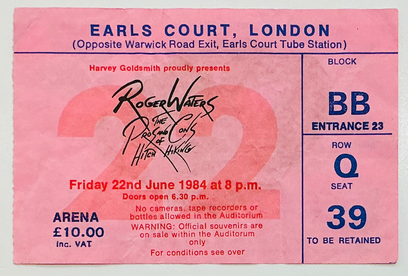 Roger Waters Eric Clapton Original Used Concert Ticket Earls Court London 22nd June 1984