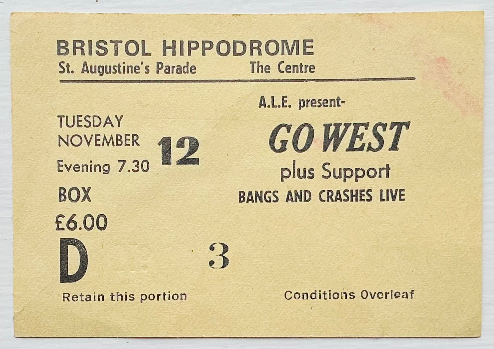 Go West Original Used Concert Ticket Hippodrome Bristol 12th Nov 1985