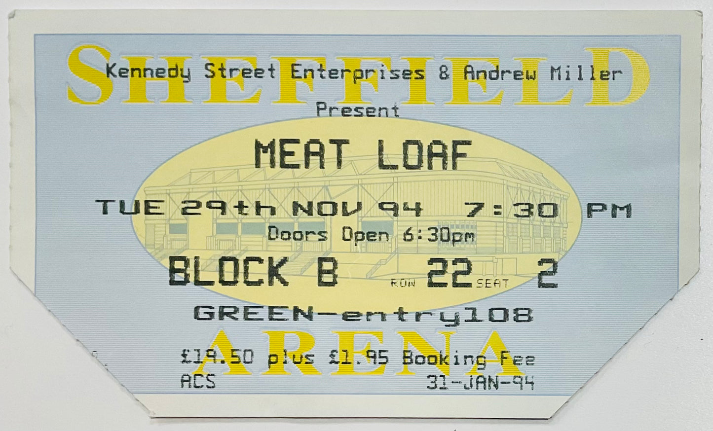 Meat Loaf Original Used Concert Ticket Sheffield Arena 29th Nov 1994