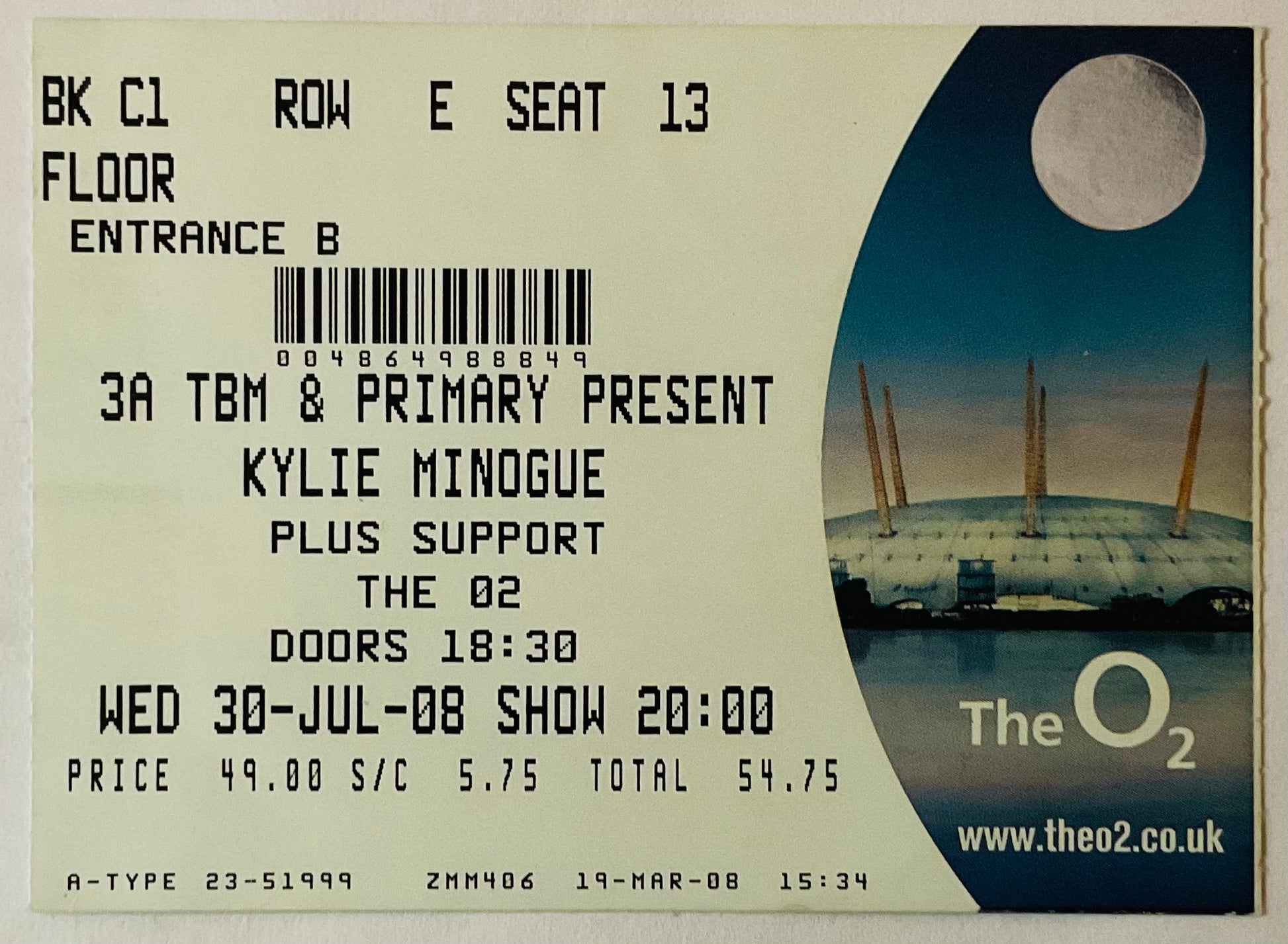 Kylie Minogue Original Used Concert Ticket O2 Arena London 30th Jul 2008