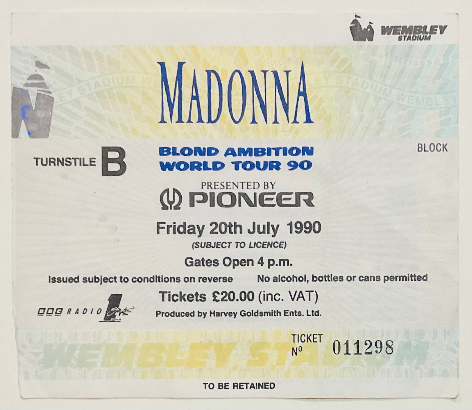 Madonna Original Used Concert Ticket Wembley Stadium London 20th Jul 1990